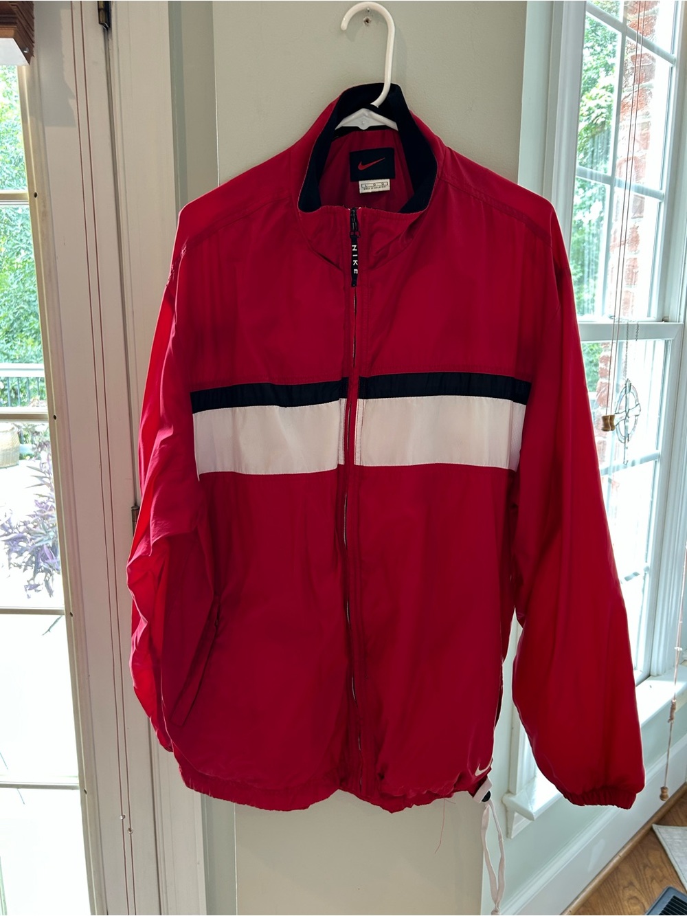 Nike Red Windbreaker with White and Black Stripes Large Zip Pockets